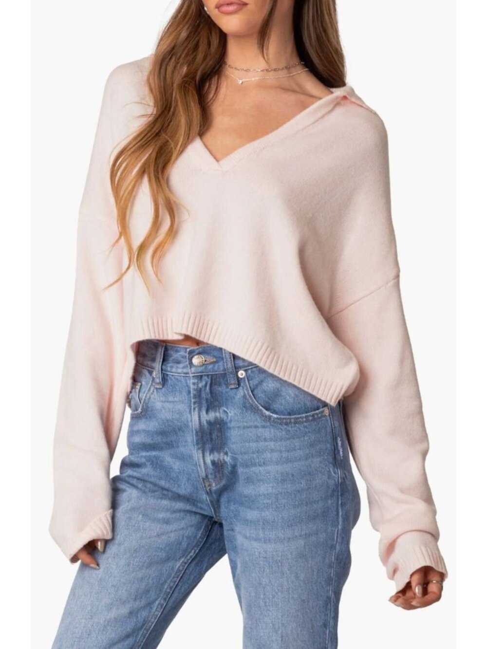 Edikted Marcie  Johnny Collar Light Pink Oversize Crop Sweater